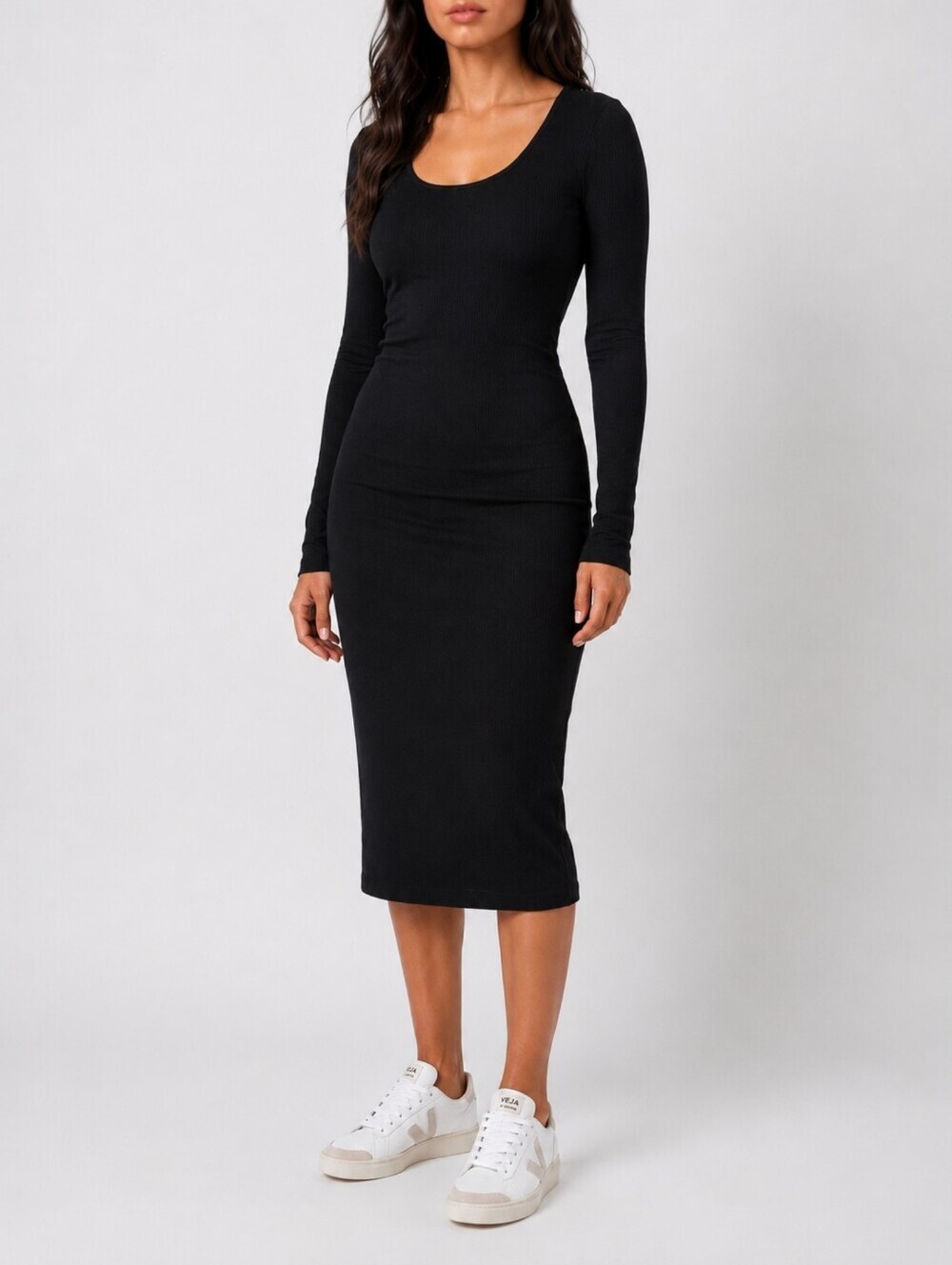 Marine Layer Lexi Rib Midi Dress Black Minimalist Long Sleeve XS